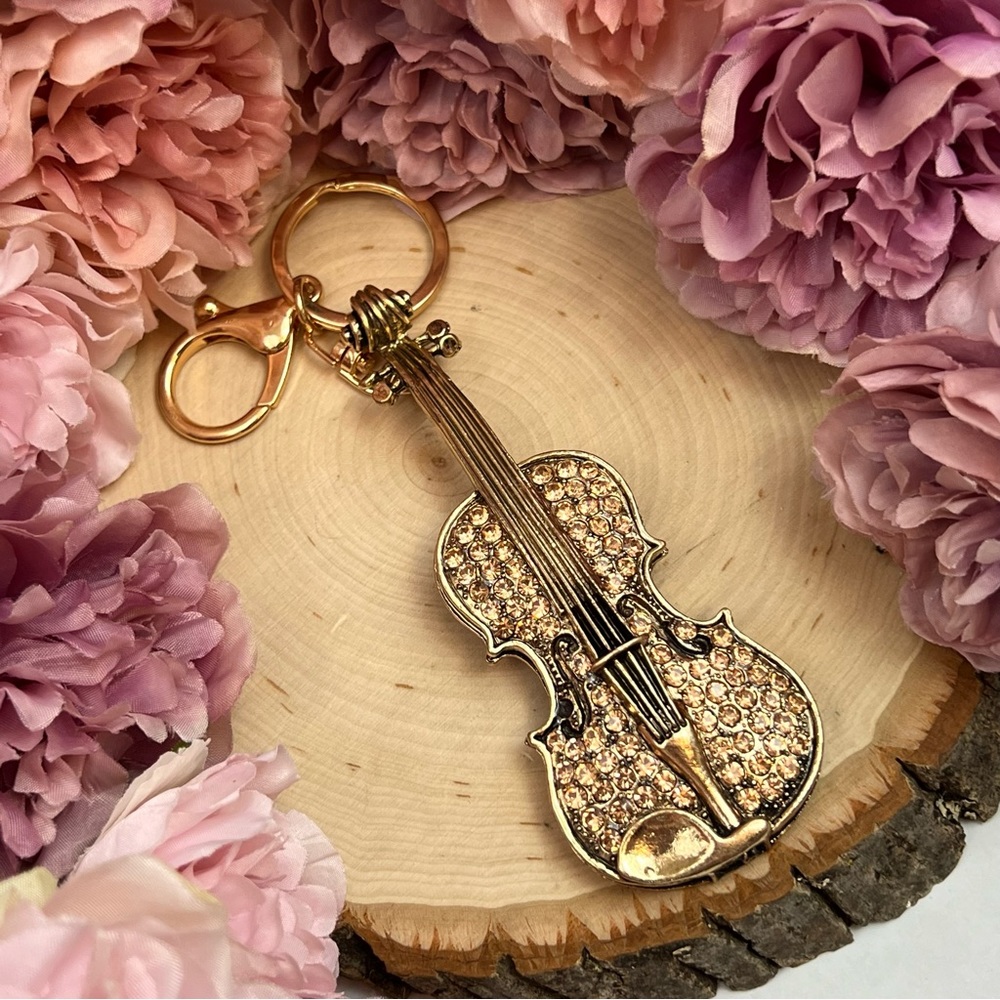 Beautiful Antiqued Gold and Crystal Viola Keychain Charm - Picture 7 of 13
